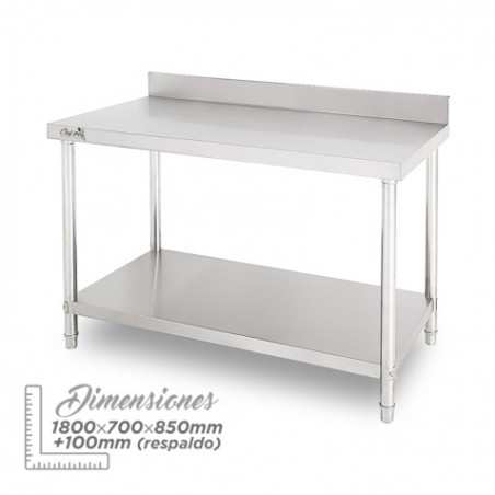 MESA DE TRABAJO ACERO INOXIDABLE 180X70X85CM CON RESPALDO CHEF PRO