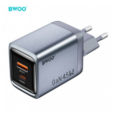 CARGADOR CORRIENTE TIPO C 45W + USB-A 18W GRIS BO-CDA240 BWOO