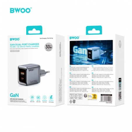 CARGADOR CORRIENTE TIPO C 30W + USB-A 18W GRIS BO-CDA237 BWOO