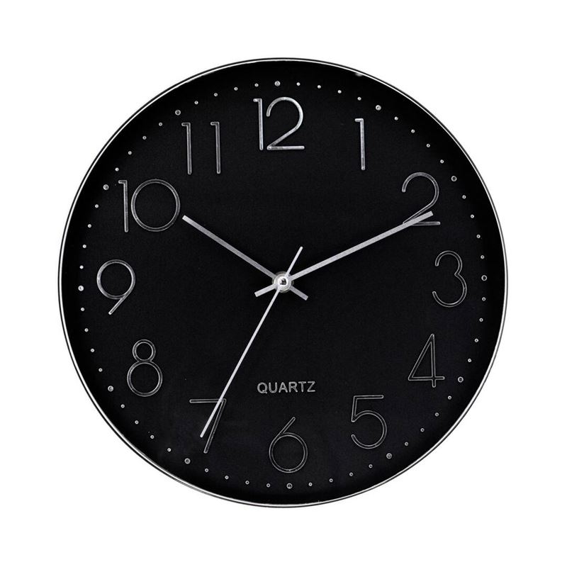 RELOJ DE PARED PLATEADO ESFERA NEGRA CON RELIEVE - 81021H