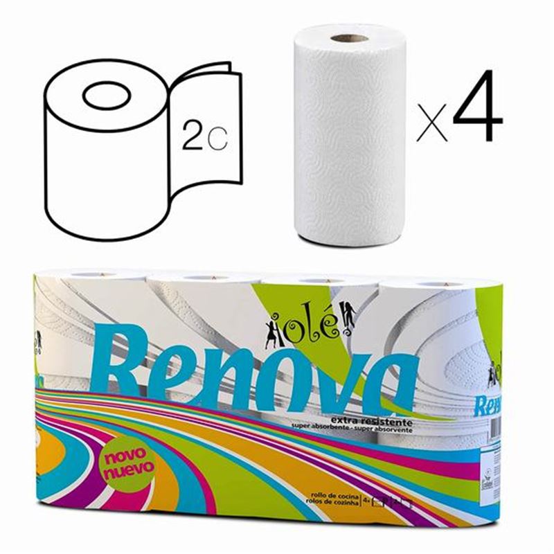 PACK 4 ROLLOS PAPEL COCINA DOBLE CAPA BLANCO RENOVA - 67119