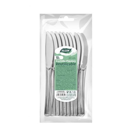 PACK 10 CUCHILLOS PLASTICO REUTILIZABLE PLATA ALGON - BA01054274985.