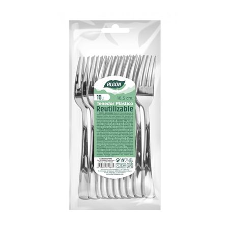 PACK 10 TENEDORES PLASTICO REUTILIZABLE PLATA ALGON - BA01054274987.