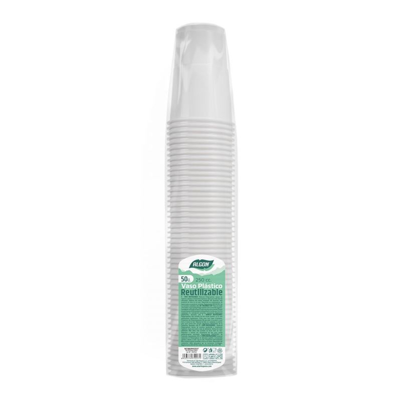 SET 50 VASOS PLASTICO REUTILIZABLES BLANCOS 250CC ALGON - BA01054375227.