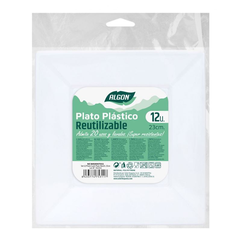 SET 12 PLATOS CUADRADOS REUTILIZABLE BLANCA ALGON - BA01054375311.