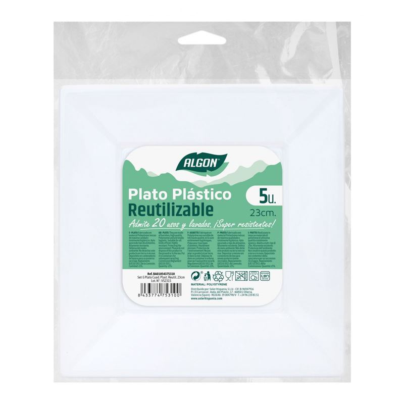 SET 5 PLATOS CUADRADOS REUTILIZABLE BLANCA ALGON - BA01054375310.