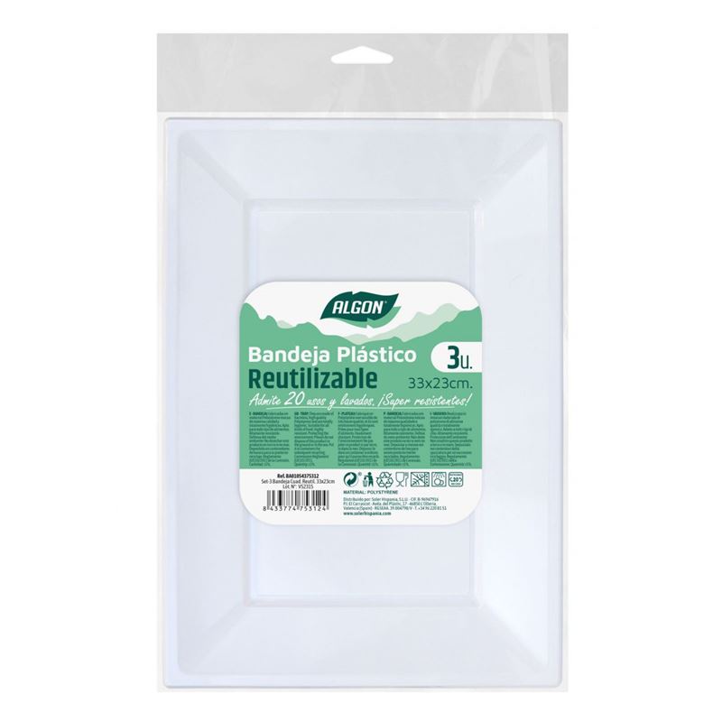 SET 3 BANDEJAS RECTANGULAR REUTILIZABLE BLANCA ALGON - BA01054375312.