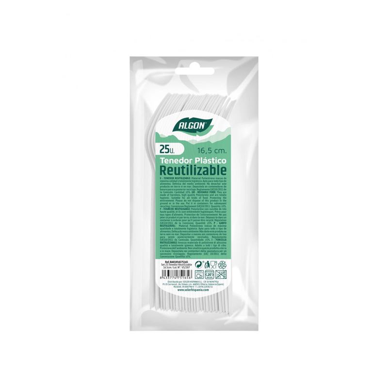 PACK 25 TENEDORES PLASTICOS REUTILIZABLES BLANCOS ALGON - BA01054275165.