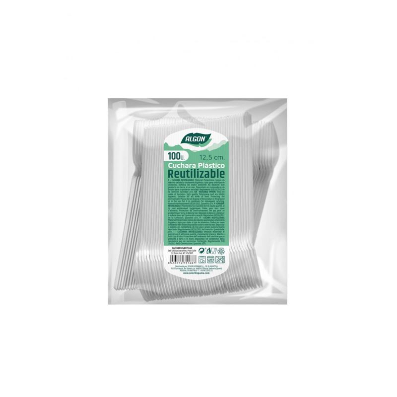 PACK 100 CUCHARAS POSTRE PLASTICAS REUTILIZABLES BLANCAS ALGON - BA01054275168.