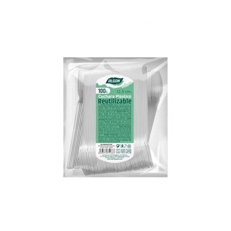 PACK 100 CUCHARAS POSTRE PLASTICAS REUTILIZABLES BLANCAS ALGON - BA01054275168.
