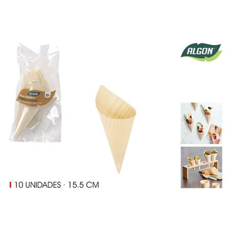 PACK 10 CONOS MADERA APERITIVOS 15.5CM ALGON - BA01019176440.