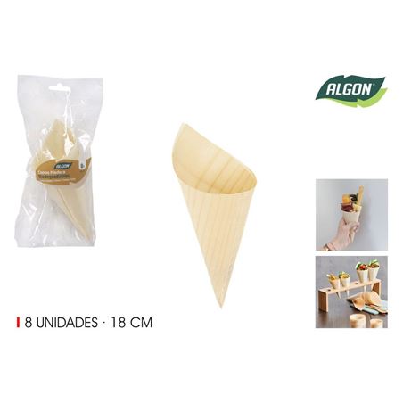 PACK 8 CONOS MADERA APERITIVOS 18CM ALGON - BA01019176441.