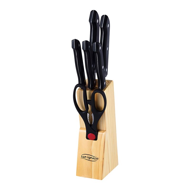 SET 7 CUCHILLOS +TIJERA INOX EN BASE SAN IGNACIO MADERA - 14691