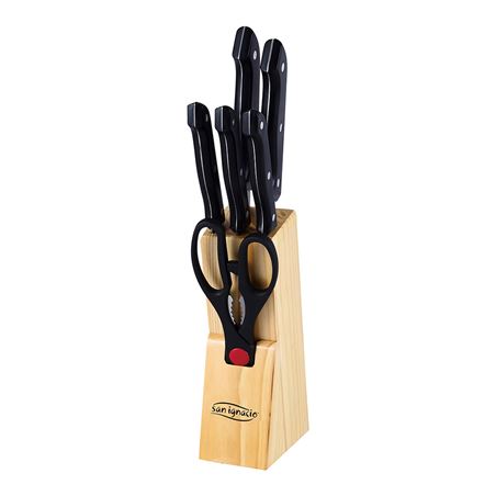 SET 7 CUCHILLOS +TIJERA INOX EN BASE SAN IGNACIO MADERA - 14691