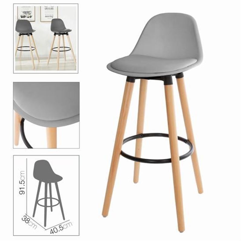 TABURETE ALTO CON RESPALDO Y ACOLCHADO GRIS - 41044.