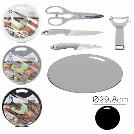 SET TIJERAS + PELADOR + 2 CUCHILLOS + TABLA DE CORTE CIRCULAR - 15379