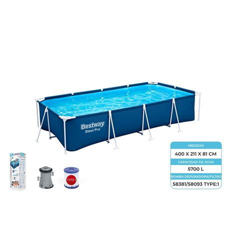 PISCINA RECTANGULAR + BOMBA STEEL PRO 400X211X81 BESTWAY - 56424.