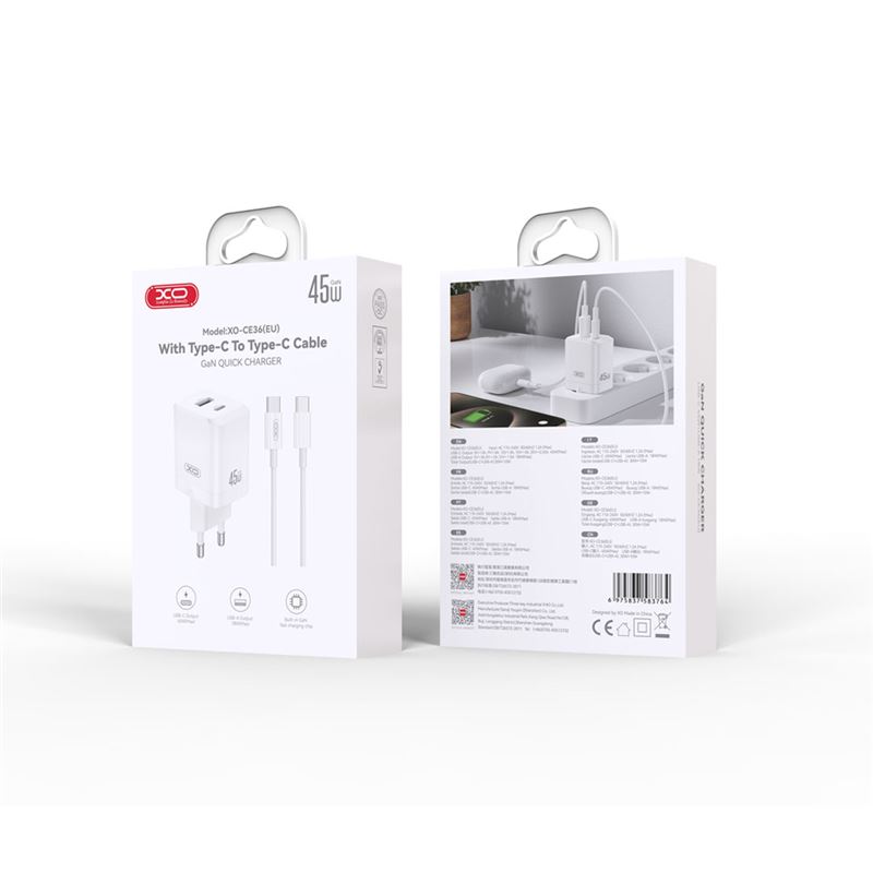 CARGADOR USB+USB-C 45W CON CABLE TIPO-C BLANCO XO - XOCE36TC-1