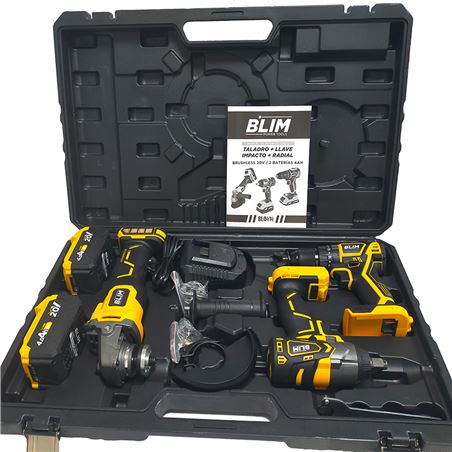 PACK 20V TALADRO + LLAVE IMPACTO + RADIAL S/CARBONES | 2 BATERIAS 4AH BLIM - BL0414-1-2