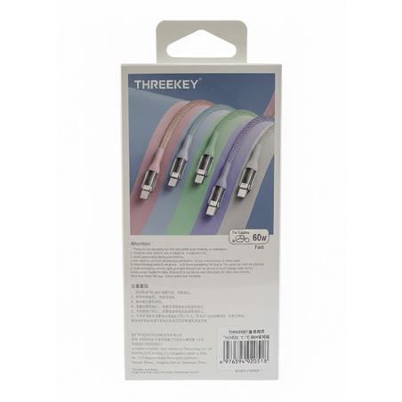 CABLE TIPO C A TIPO C 1 METRO 60W THREEKEY VIOLETA - TKNB05TCPR-1