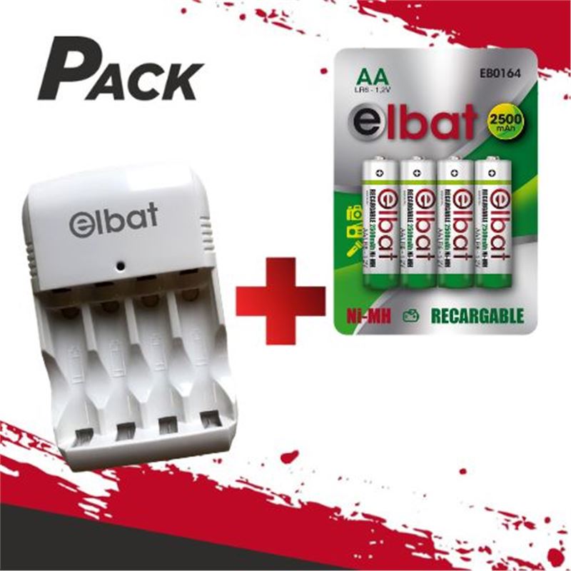 CARGADOR DE PILAS + 4 PILAS RECARGABLES AA ELBAT - PACK201-1