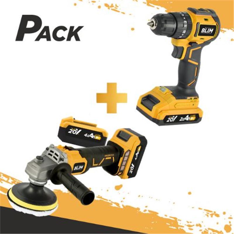 RADIAL 20V 115MM S/CARBONES + TALADRO PERCUTOR S/CARBONES 20V | BATERIA 2AH - PACK206