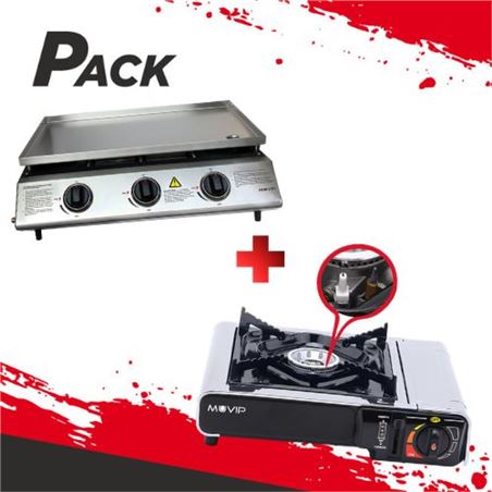 PLANCHA DE ASAR 3 FUEGOS INOXIDABLE + COCINA DE GAS PORTATIL MUVIP - PACK210