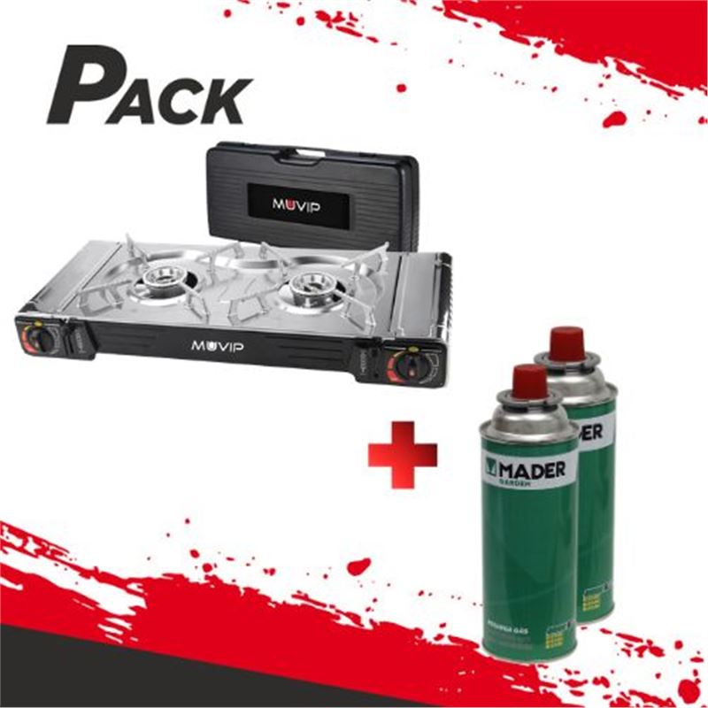 COCINA DE GAS PORTATIL DOBLE BOMBONA ACERO + 2 CARTUCHOS DE GAS - PACK212-1