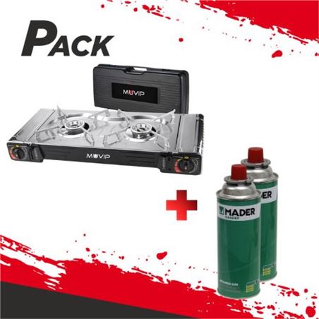 COCINA DE GAS PORTATIL DOBLE BOMBONA ACERO + 2 CARTUCHOS DE GAS - PACK212-1