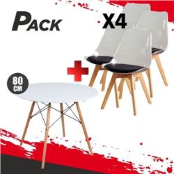 MESA REDONDA DESIGN D500 80CM BLANCA + 4 SILLAS DESIGN D1000 TRANS+NEGRO - PACK230