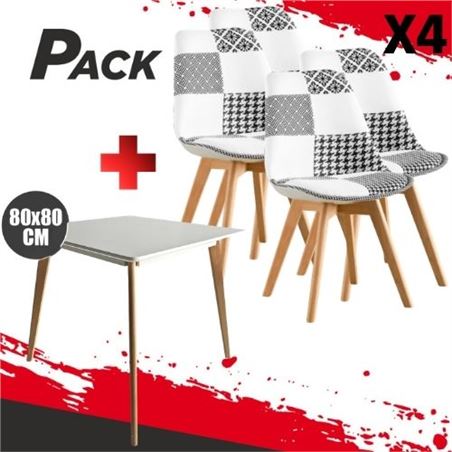 MESA DESIGN D900 80X80CM BLANCA + 4 SILLAS DESIGN D400 TELA PATCHWORK - PACK238