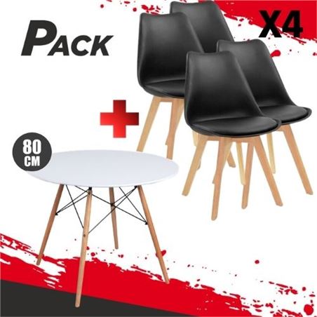 MESA REDONDA DESIGN D500 80CM BLANCA + 4 SILLAS DESIGN D200 NEGRAS - PACK236
