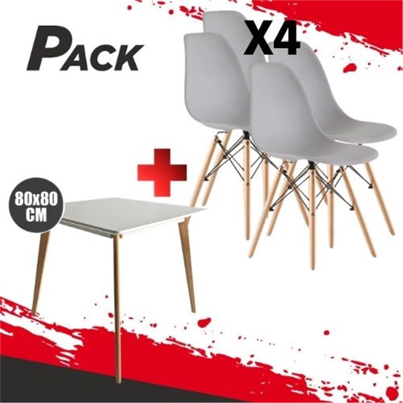 MESA DESIGN D900 80X80CM BLANCA + 4 SILLAS DESIGN D100 GRISES MUVIP - PACK223