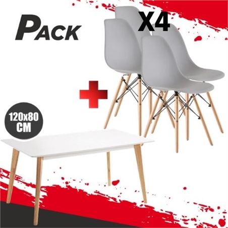 MESA DESIGN D900 120X80CM BLANCA + 4 SILLAS DESIGN D100 GRISES MUVIP - PACK225