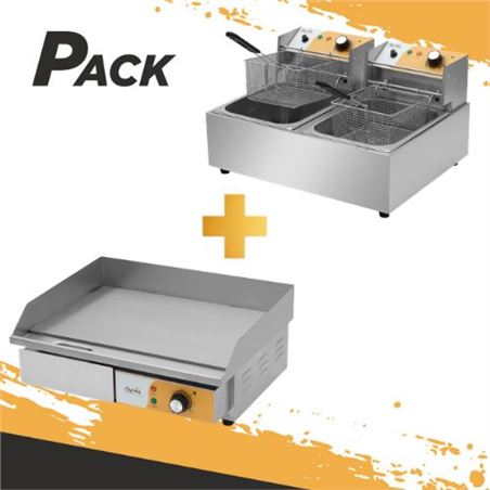 PLANCHA PROFESIONAL SUPERFICIE LISA 3000W + FREIDORA PROFESIONAL DOBLE 9+9L - PACK243