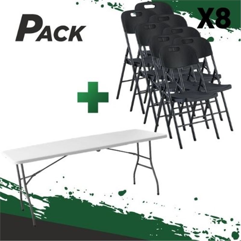 MESA DE RESINA PLEGABLE 180X70X74CM + 8 SILLAS RESINA PLEGABLE PRO 44X53X83 - PACK251