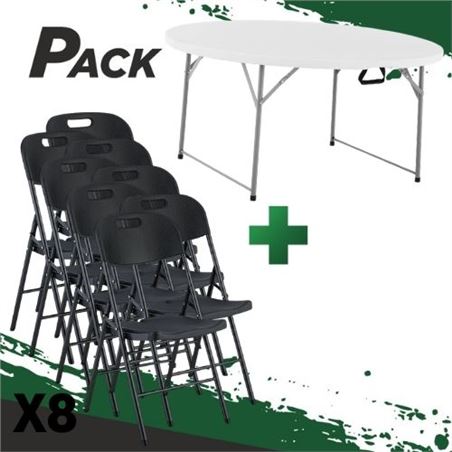 MESA DE RESINA REDONDA PLEGABLE 160X74 + 8 SILLAS RESINA PLEGABLE PRO NEGRA - PACK259