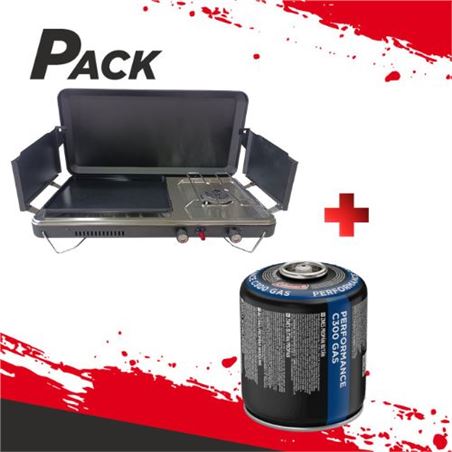 COCINA DE GAS PORTATIL PREMIUM PLANCHA + DOBLE QUEMADOR + CARTUCHO DE GAS - PACK269