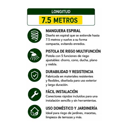 MANGUERA ESPIRAL DE JARDIN 7.5 METROS CON PISTOLA DE RIEGO SUNGARDEN - SG0206-2
