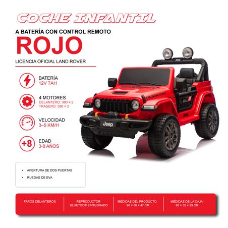 COCHE INFANTIL A BATERIA CON CONTROL REMOTO JEEP WRANGLER RUBICON ROJO - 33036