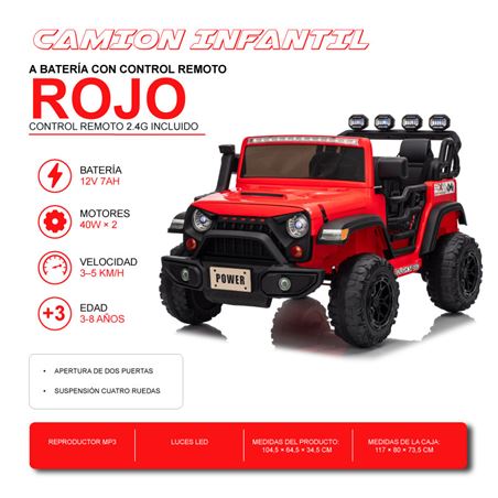 COCHE INFANTIL A BATERIA CON CONTROL REMOTO JEEP 4X4 ROJO - 33052