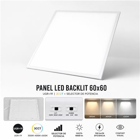 PANEL LED 60X60 BLACKLIT UGR<19 3CCT + SELECTOR DE POTENCIA ELBAT - EB0606