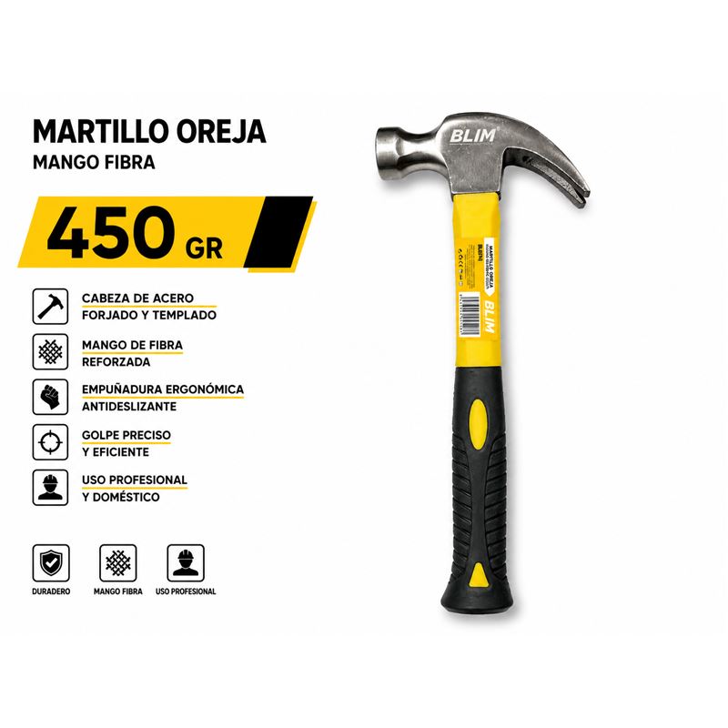 MARTILLO OREJA MANGO FIBRA 450GR BLIM - BL0574