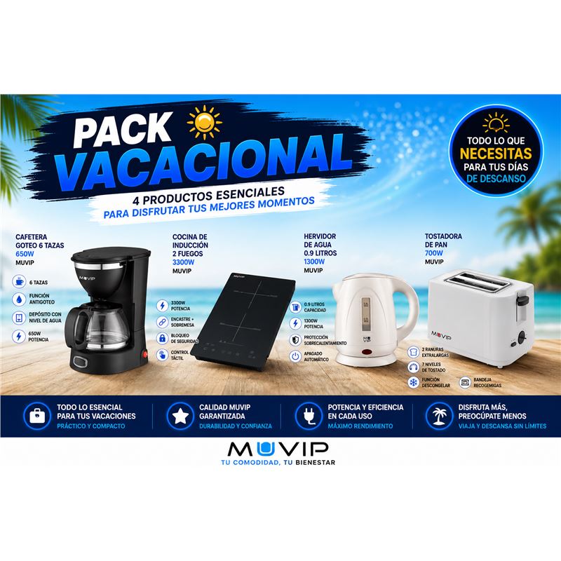 PACK VACACIONAL COCINA INDUCCION + CAFETERA + HERVIDOR + TOSTADORA MUVIP - PACKVACACIONAL1