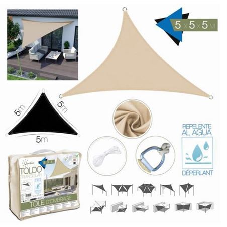 TOLDO TRIANGULAR 5X5X5 METROS BEIGE CON BOSLA - 228403