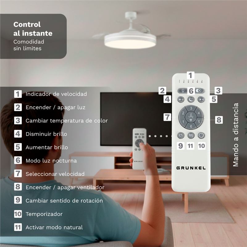 VENTILADOR DE TECHO 42" LED BLANCO 30W ASPAS RETRACTILES GRUNKEL - SKYCOOL42-5