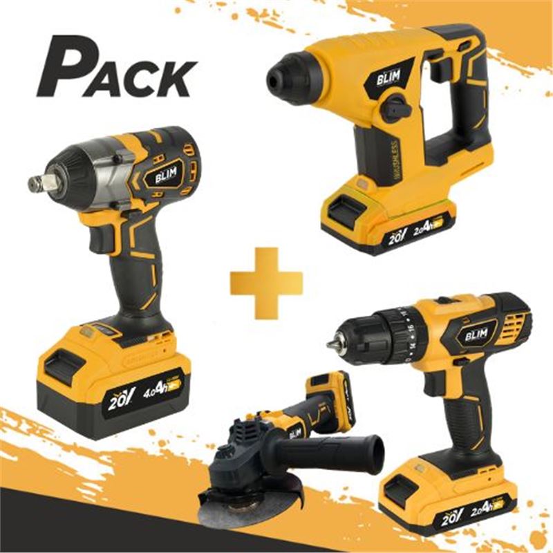 PACK 20V TALADRO + LLAVE DE IMPACTO + RADIAL + MARTILLO + 3 BATERIAS BLIM - PACK284