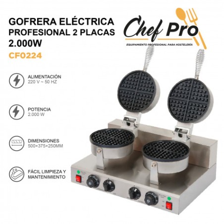 GOFRERA ELÉCTRICA PROFESIONAL DOBLE 2 PLACAS 2.000W CHEFPRO
