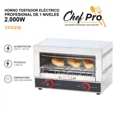 HORNO TOSTADOR ELÉCTRICO PROFESIONAL DE 1 NIVEL 2.000W CHEFPRO