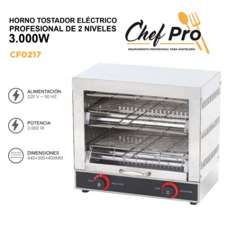 HORNO TOSTADOR ELÉCTRICO PROFESIONAL DE 2 NIVELES 3.000W CHEFPRO